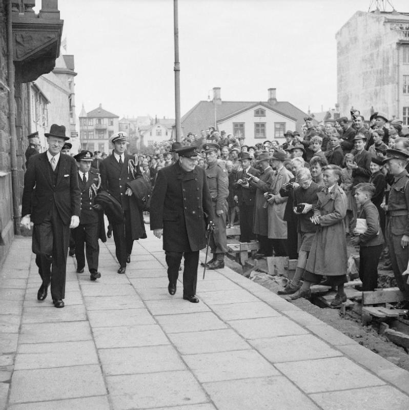 Churchill leaves the Parliament building in Reykjavik, 16 August 1941: author seen in circle at right