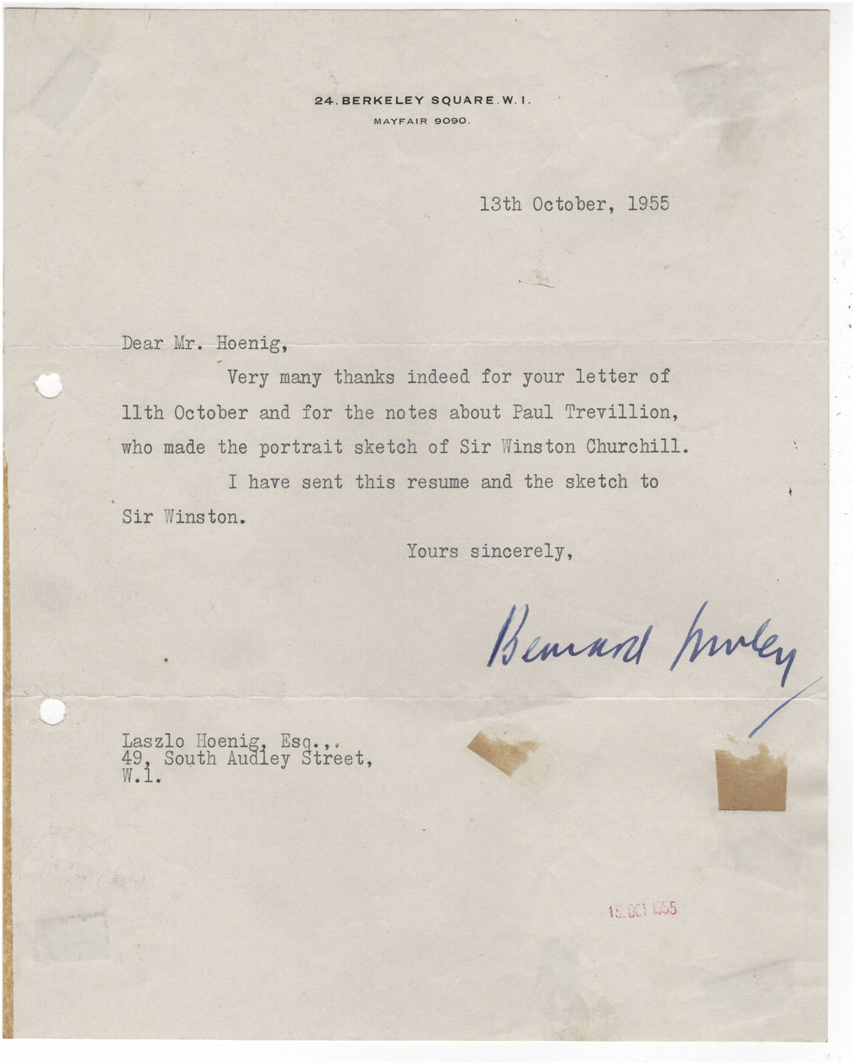 Bernard Sunley letter 1955 - Winston Churchill 