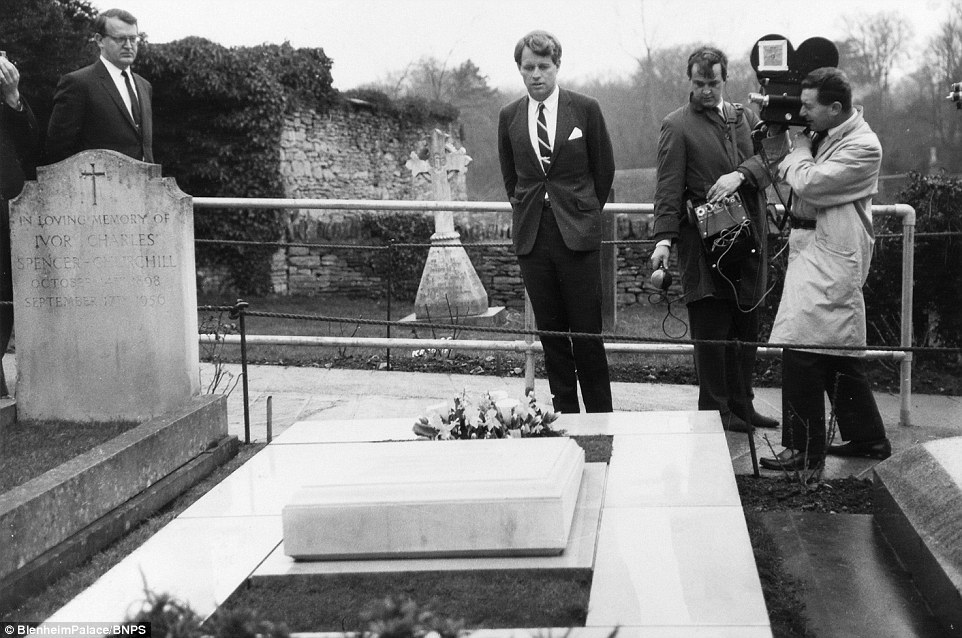 Senator Robert F. Kennedy pays his respects at Sir Winston’s still-pristine grave. Behind the  place where he stands there is now a tribute to Sir Winston erected by the Danish Resistance.