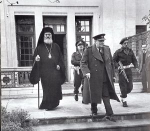 Churchill followed by Archbishop Damaskinos, Athens 1944