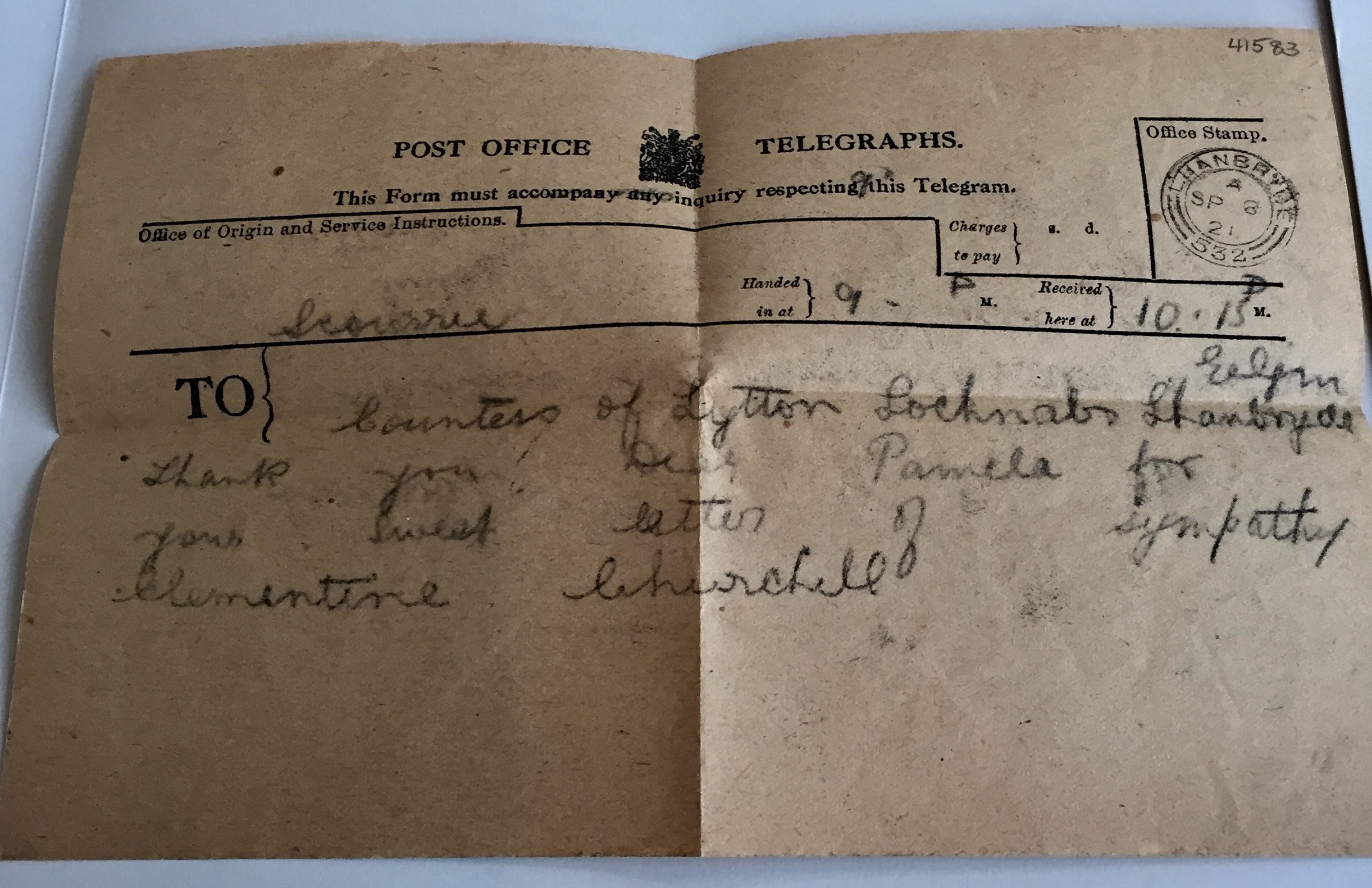 Instructions for a telegram to Pamela from Clementine