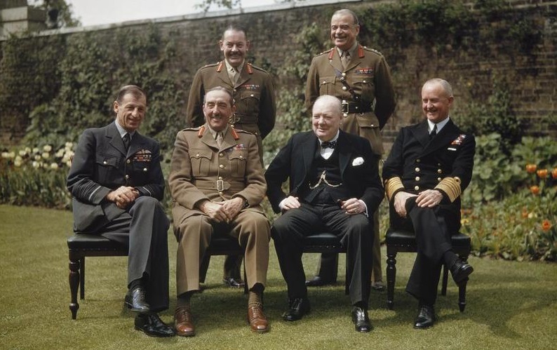 Standing: Major General Leslie Hollis and General Sir Hastings Ismay. Seated: Marshal of the Royal Air Force Sir Charles Portal, Field Marshal Sir Alan Brooke, WSC, Admiral of the Fleet Sir Andrew Cunningham. Photo: Imperial War Museum