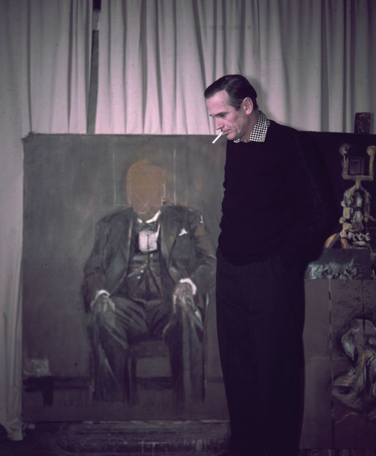 FIG. 3 . English  modernist painter Graham Sutherland with his unfinished portrait of Winston Churchill, 1954