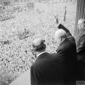THE VE DAY, 8 MAY 1945 (H 41849) Churchill waves to crowds in Whitehall on the day he broadcast to the nation that the war with Germany had been won, 8 May 1945. Copyright: © IWM. Original Source: http://www.iwm.org.uk/collections/item/object/205206153